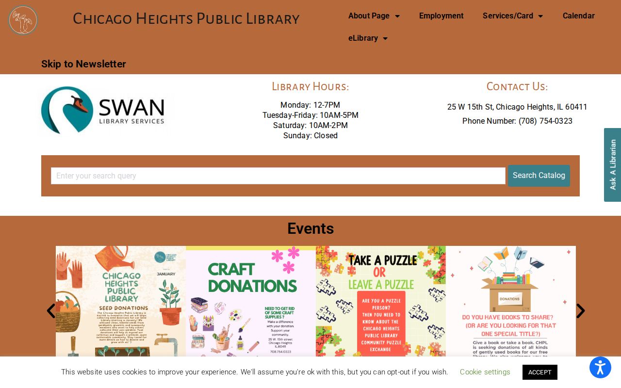 Chicago Heights Public Library website with catalog and reference routes