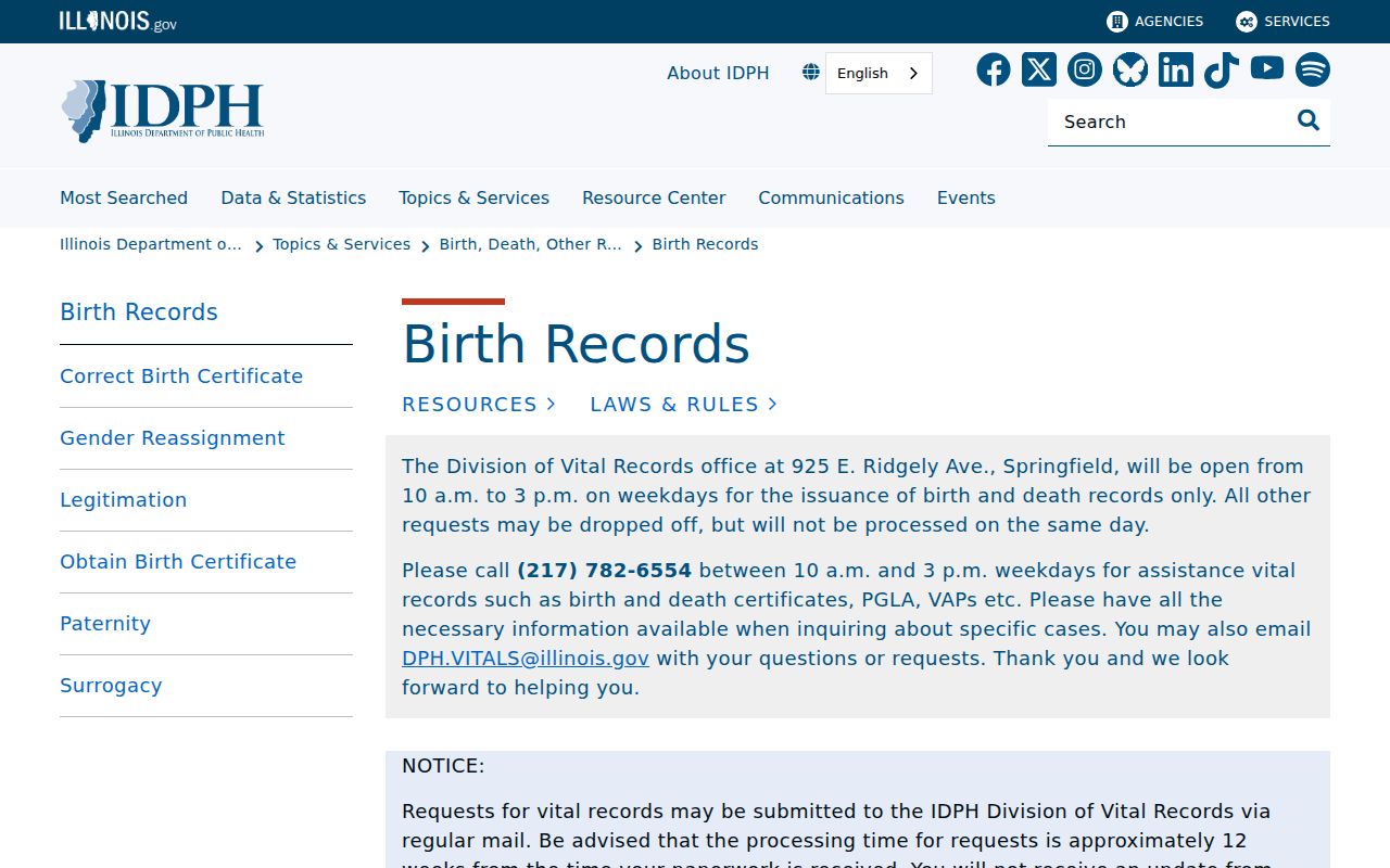 Illinois Department of Public Health birth records access page