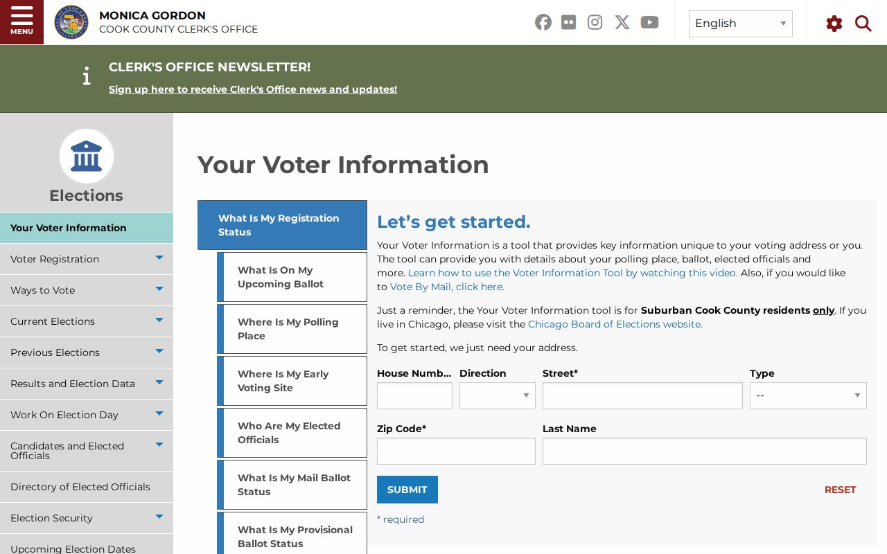 Cook County voter information page used for an individual registration lookup