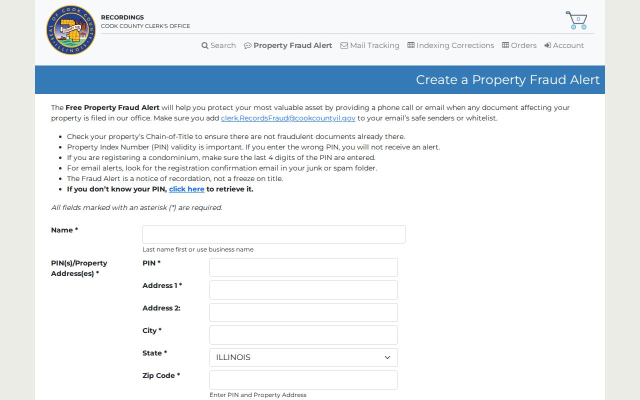 Cook County Property Fraud Alert page for parcel recording notices