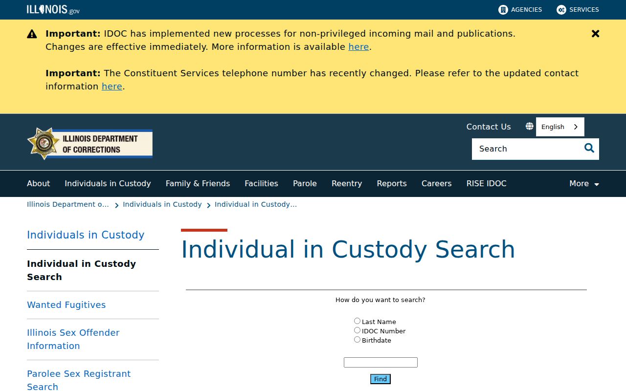 Illinois Department of Corrections inmate search for a specific Chicago Heights record