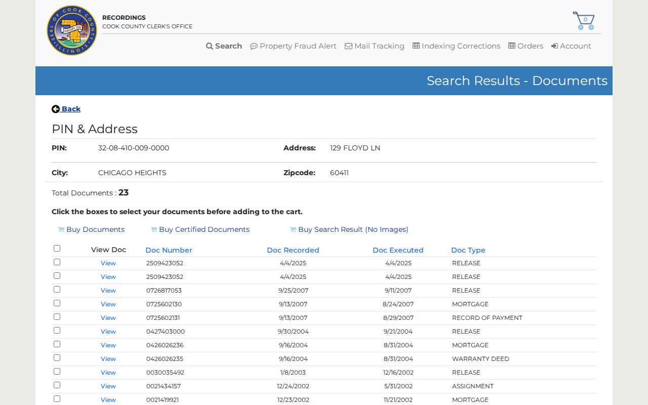Chicago Heights previous residents sample deed index result