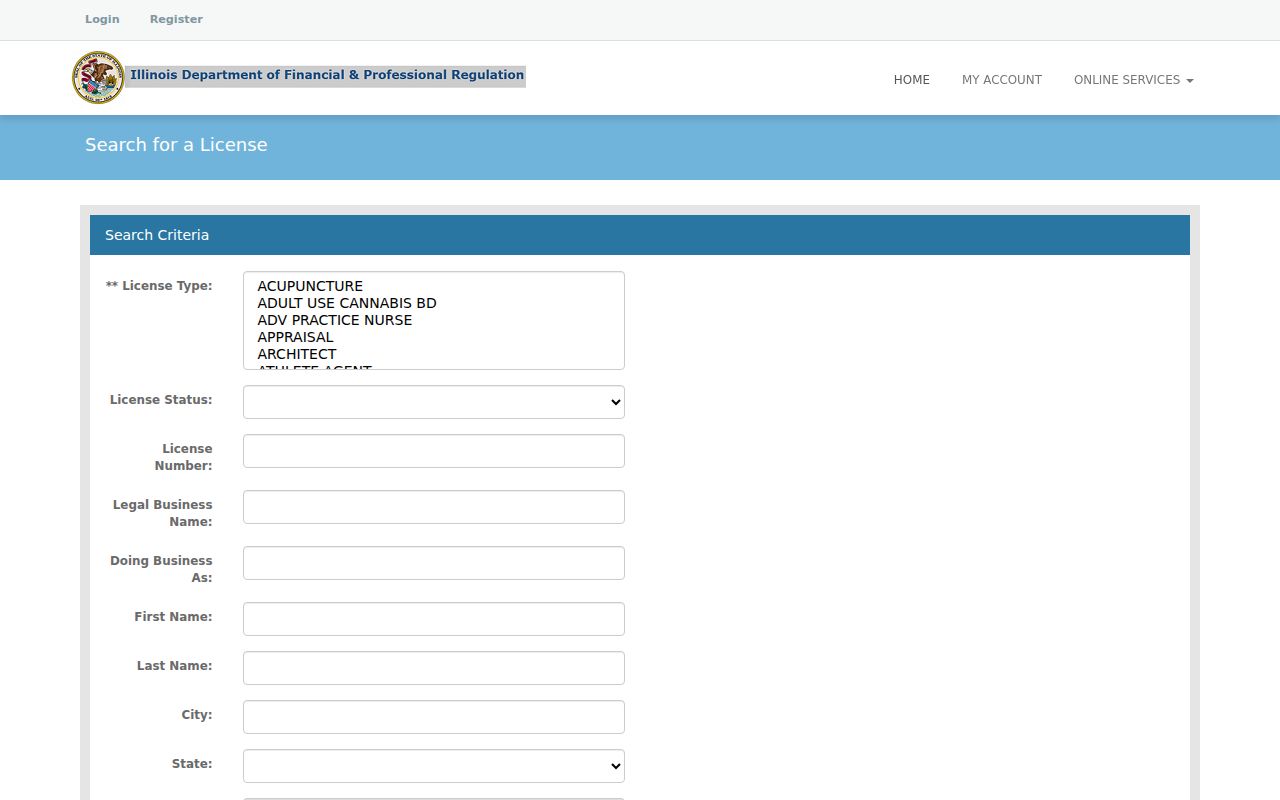 Illinois professional license lookup search page