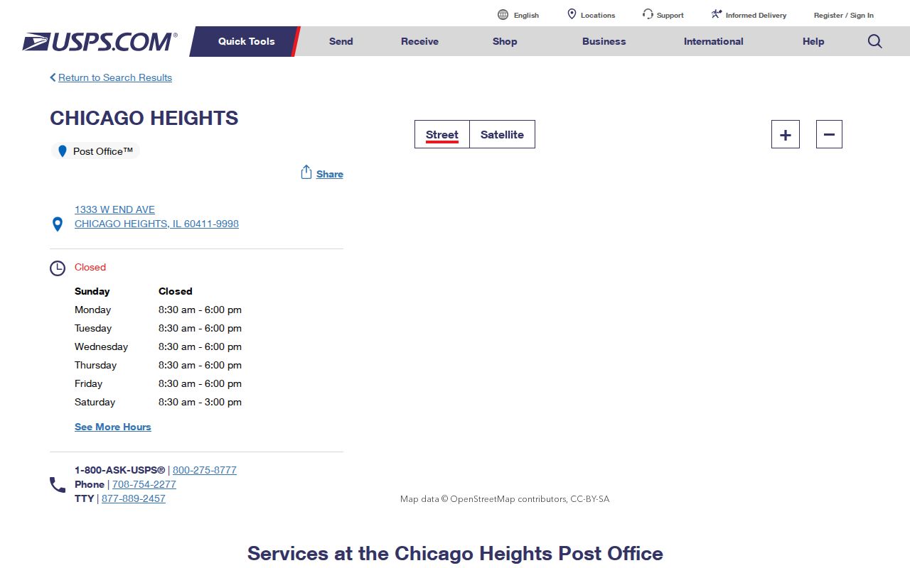 USPS page for the Chicago Heights Post Office in ZIP 60411